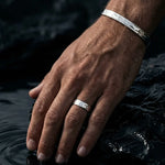 Hand with silver ring and bracelet resting on water