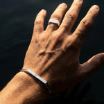 Hand with a silver ring against a dark background