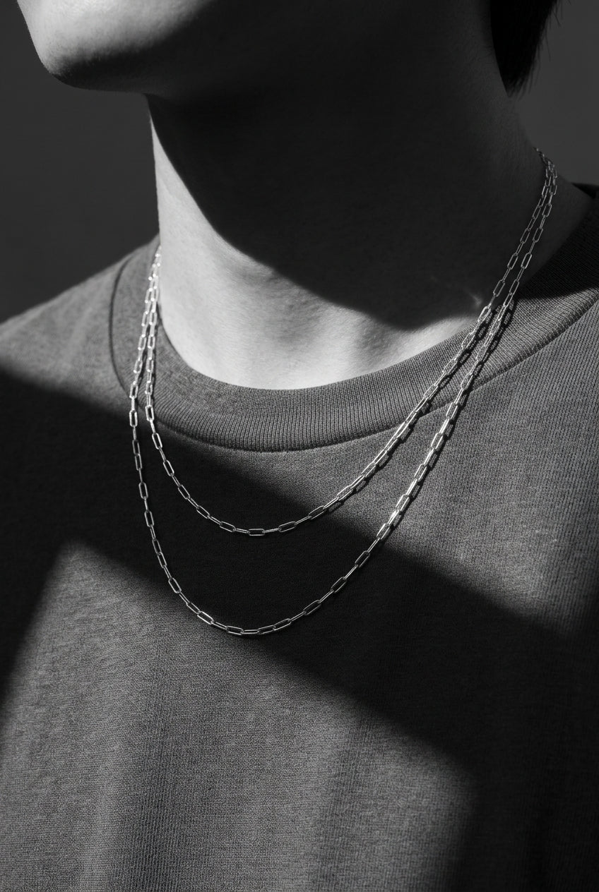 Black and white phoot of a man wearing two link chain necklaces
